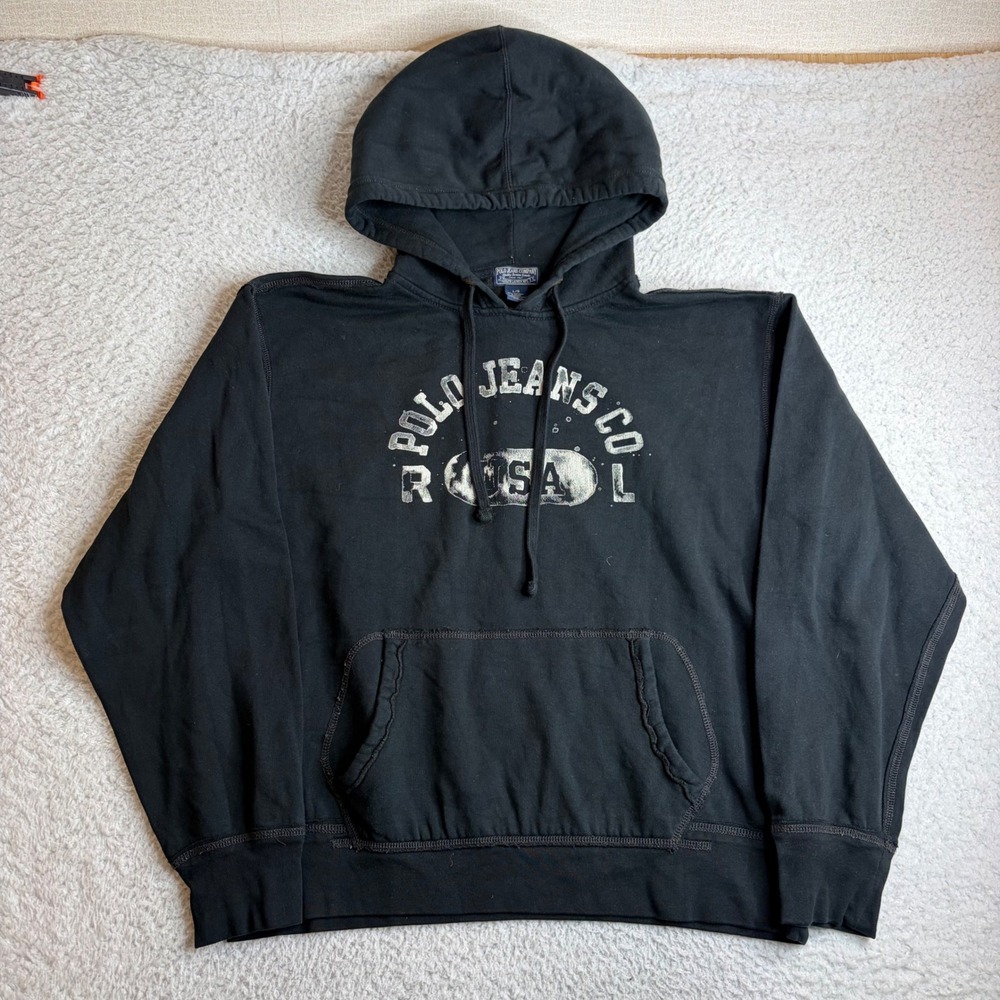 Polo Jeans Co Ralph Lauren Hoodie Black Distressed Graphic Mens Large Vintage